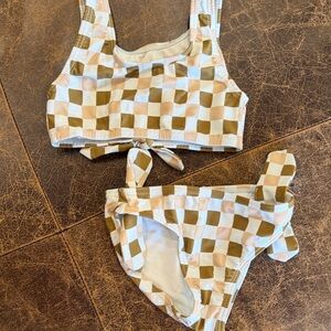 Rylee + Cru Checkered Kids Swim Set in Cream and Tan